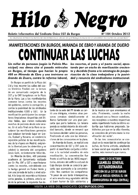 HILO NEGRO 184. OCTUBRE 2012. CONTINUAR LAS LUCHAS