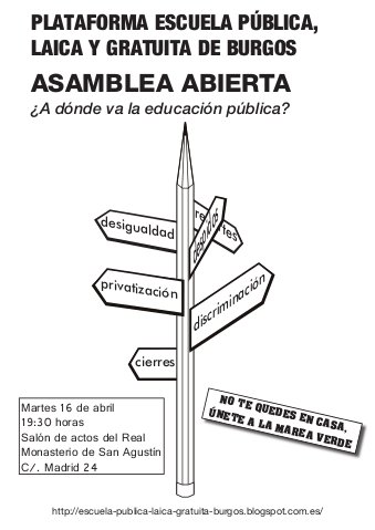 Martes 16: ASAMBLEA  conjunta del profesorado, familias y alumnado escuela pública