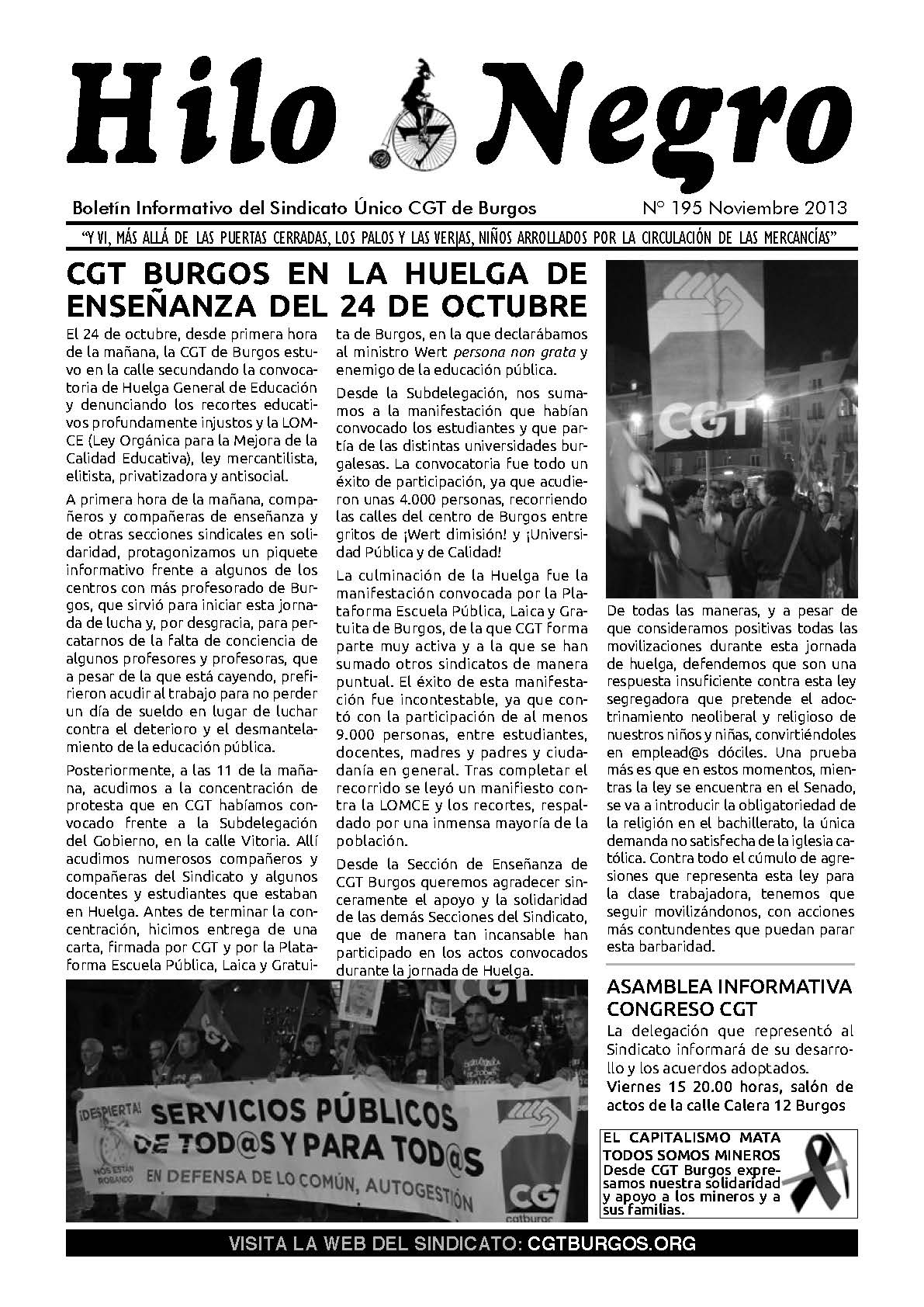 HILO NEGRO 195. NOVIEMBRE 2013. CGT Burgos en la Huelga de Enseñanza del 24 de Octubre