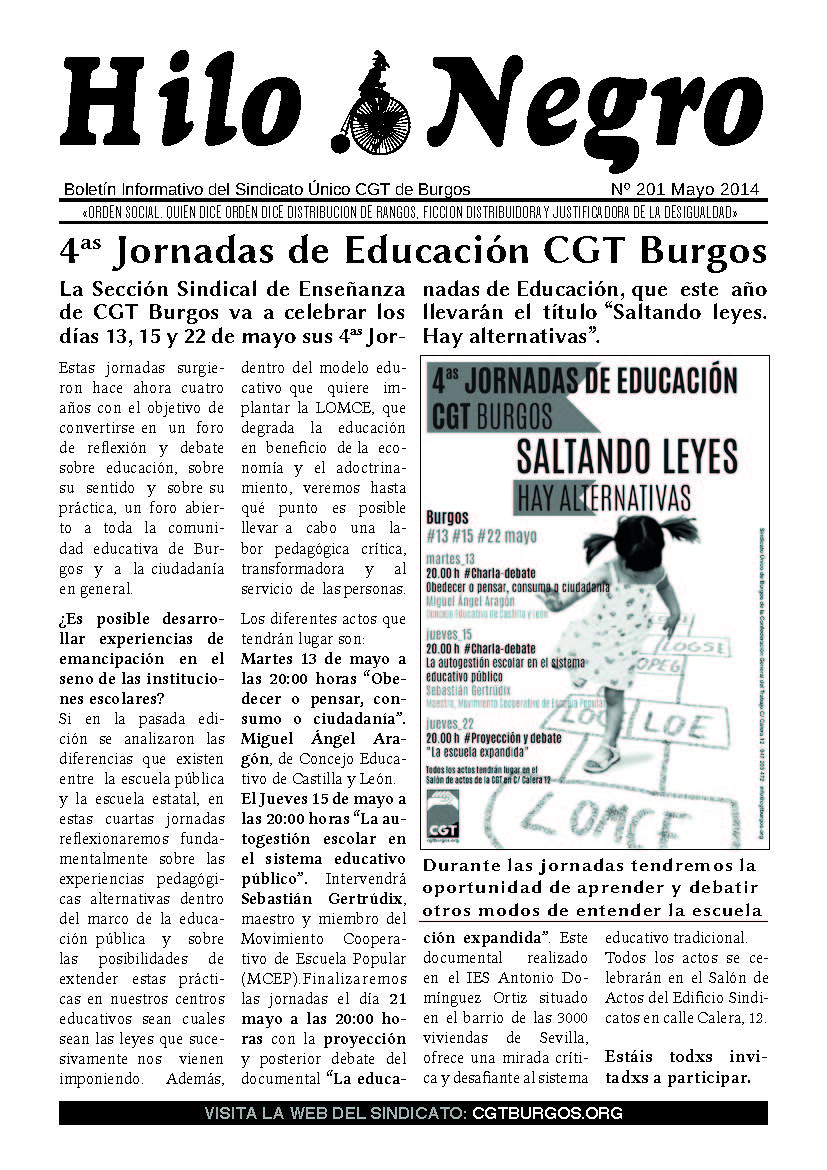 HILO NEGRO 201 MAYO. 4as Jornadas de Educación CGT Burgos