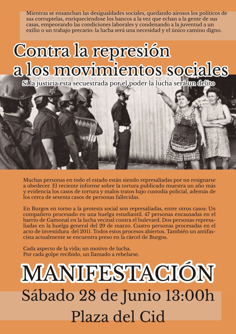 Contra la represión. Manifestación sábado 28 de Junio a las 13 horas en la Plaza del Cid