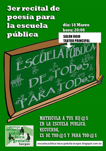 Recital Poesía y música por la Escuela Pública. Miércoles 18 de marzo, 20:00 horas  Salón Rojo del Teatro Principal