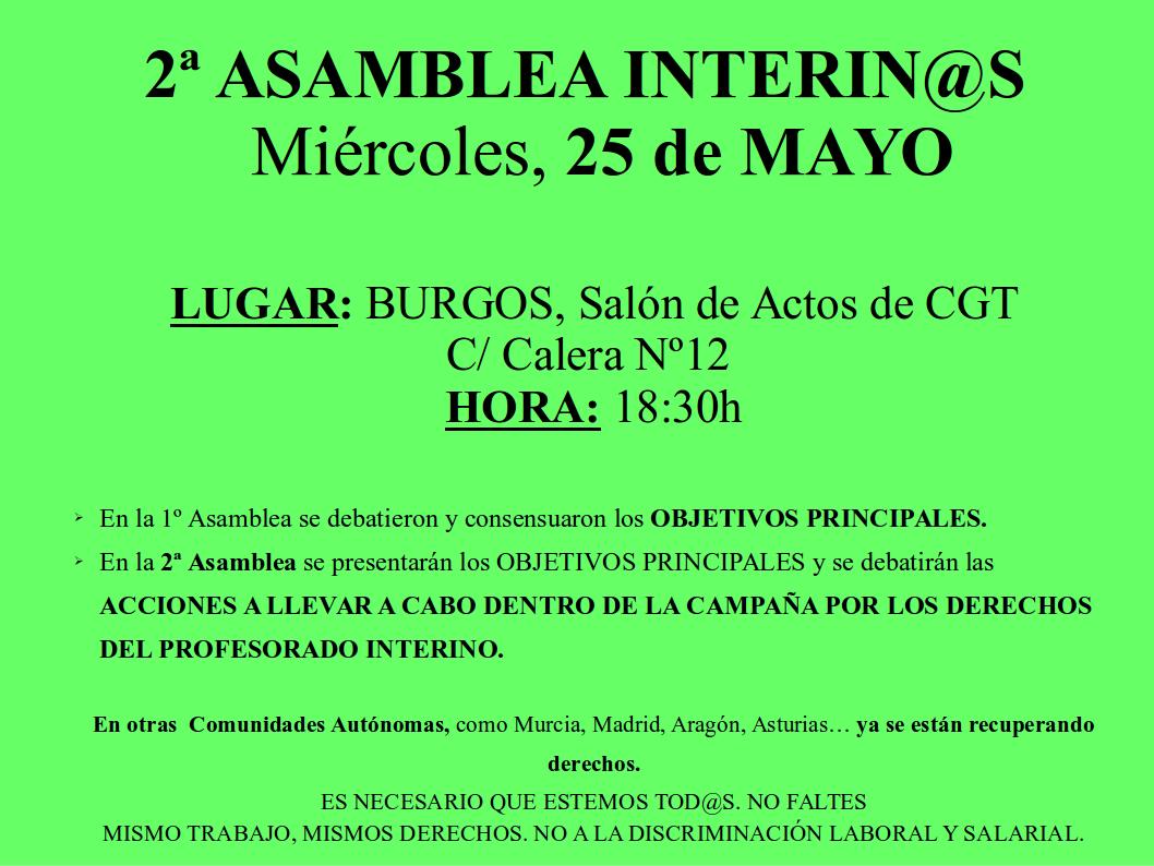 2ª Asamblea de Interin@s. Miércoles 25 de mayo a las 18:30