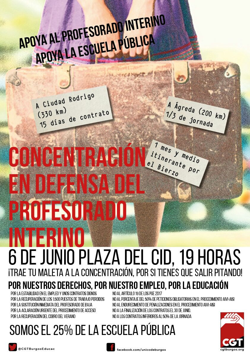 6 de Junio: CONCENTRACIÓN DE MALETAS EN DEFENSA DEL PROFESORADO INTERINO