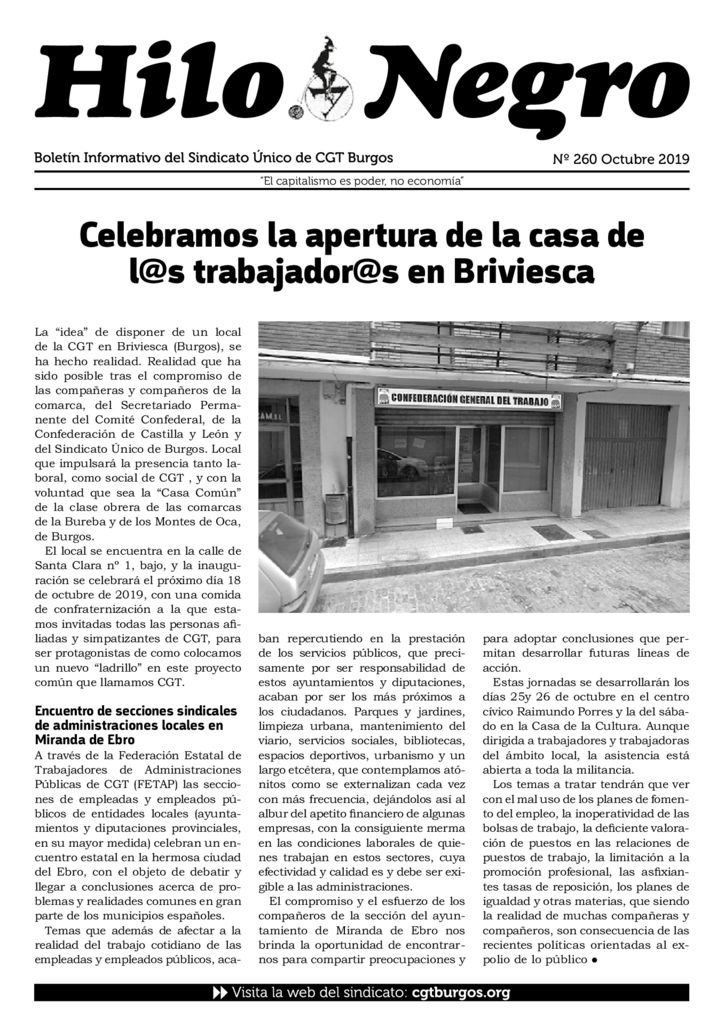 Hilo Negro 260, octubre 2019 «Celebramos la apertura de la casa de l@s trabajador@s en Briviesca»