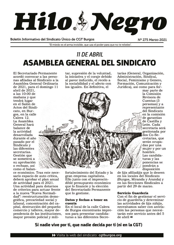 Hilo Negro 275 – Marzo 2021: «11 de abril // Asamblea General del Sindicato»